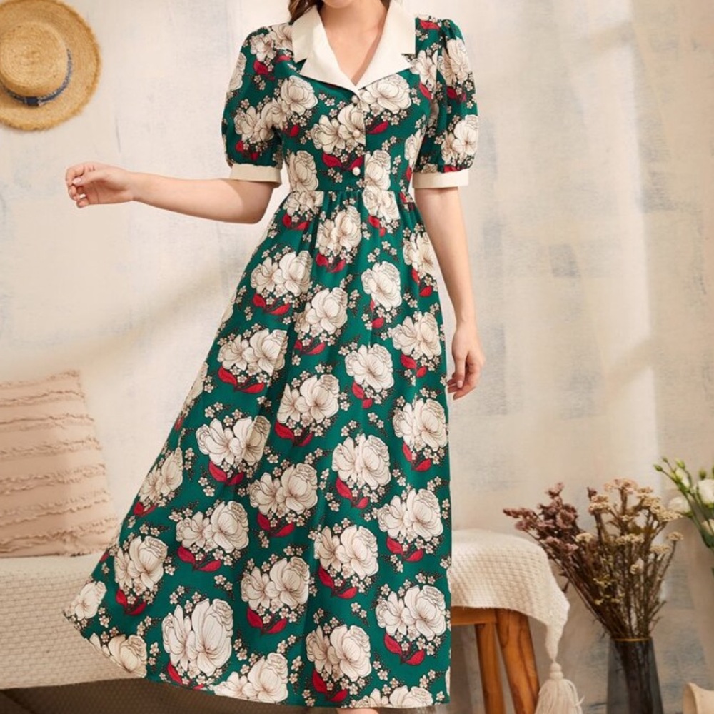 SHEIN Floral Midi Dress with Cream Accents